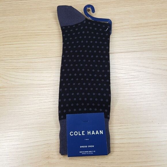 COLE HAAN Crew Dress Socks Mens Black Gray Micro Dot Combed Cotton Blend Logo - Picture 1 of 5